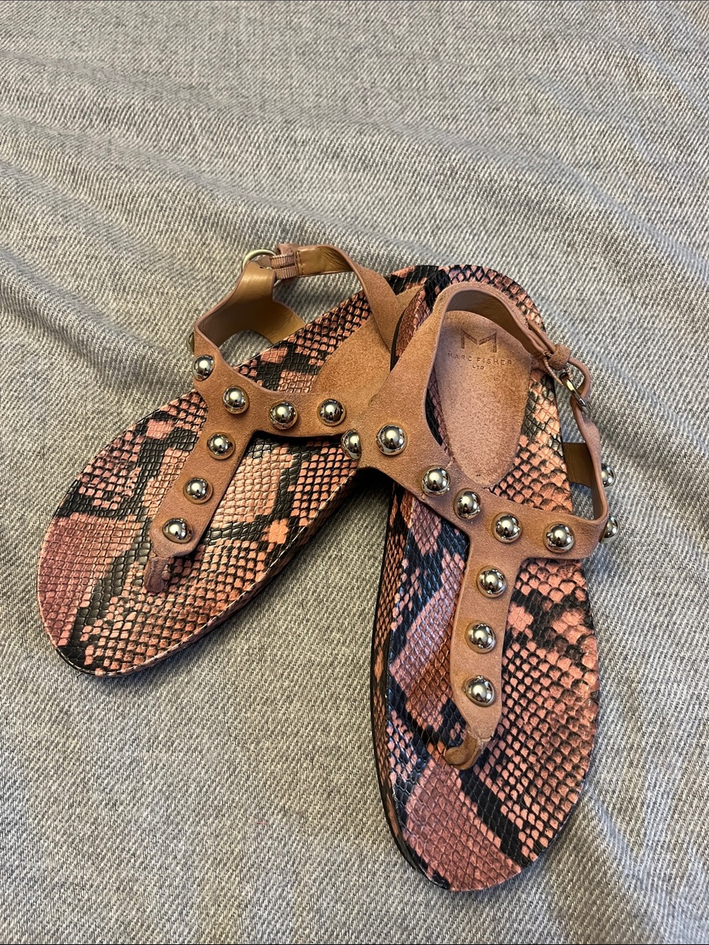 Marc Fisher Pink and Tan Snake-Print Studded T-Strap Sandals
